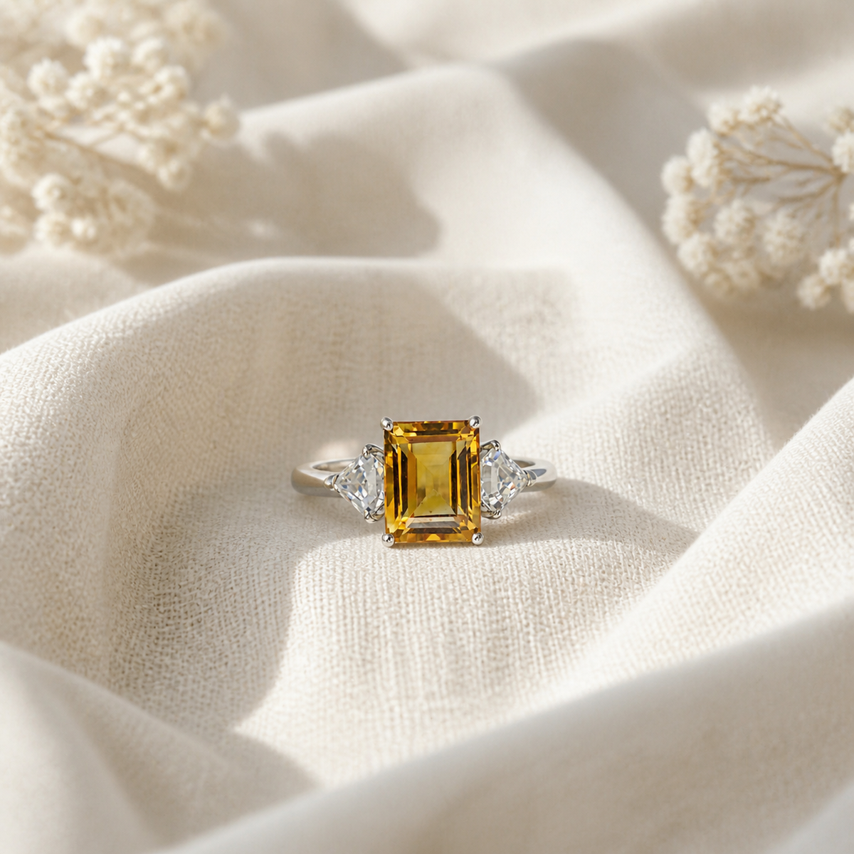 Natural Brazilian Citrine Emerald-Cut Side-Stone Adjustable Ring – 925 Sterling Silver