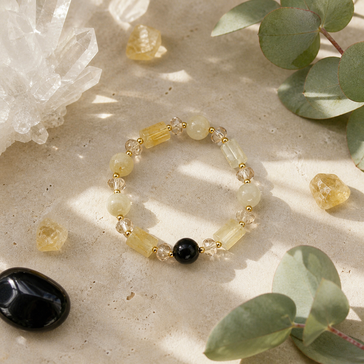 Genuine Natural Citrine & Obsidian Beaded Stretch Bracelet, Hand‑Crafted Mixed Natural Gemstone | Made To Order