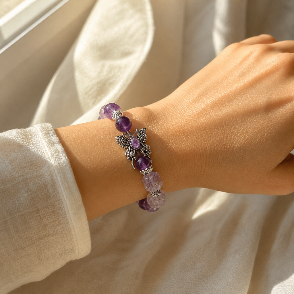 Genuine Amethyst Purple Butterfly Beaded Stretch Bracelet, Hand‑Crafted Clear Quartz Mixed Gemstone | Made To Order
