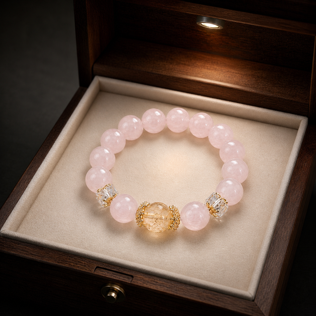 Genuine Peach Pink Natural Gemstone Beaded Stretch Bracelet, Hand‑Crafted Rose Quartz & Citrine | Made To Order