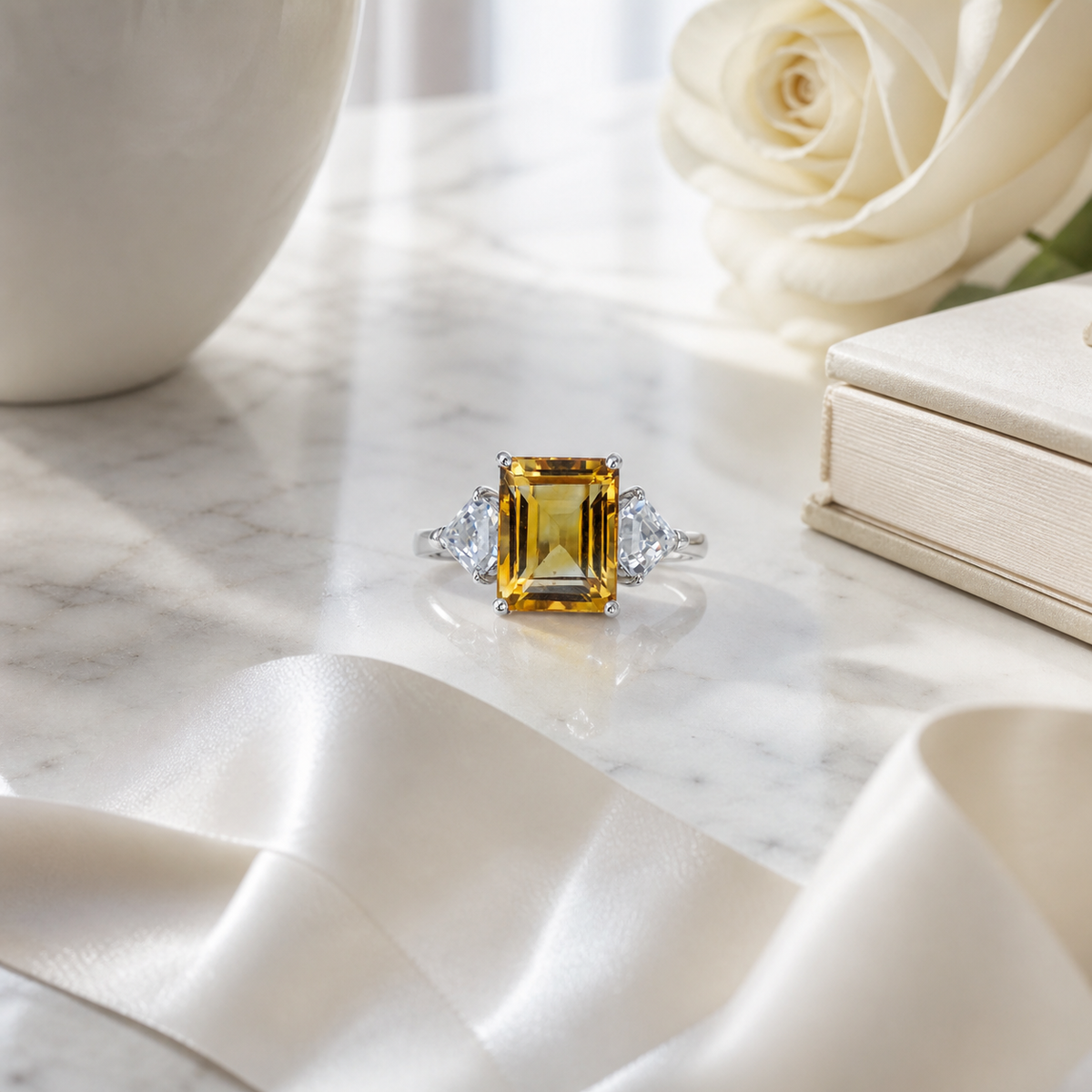 Natural Brazilian Citrine Emerald-Cut Side-Stone Adjustable Ring – 925 Sterling Silver