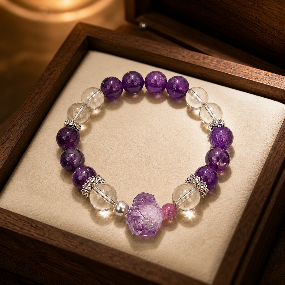 Genuine Natural Amethyst & Clear Quartz Beaded Stretch Bracelet, Hand‑Crafted Purple Crystal Gemstone | Made To Order
