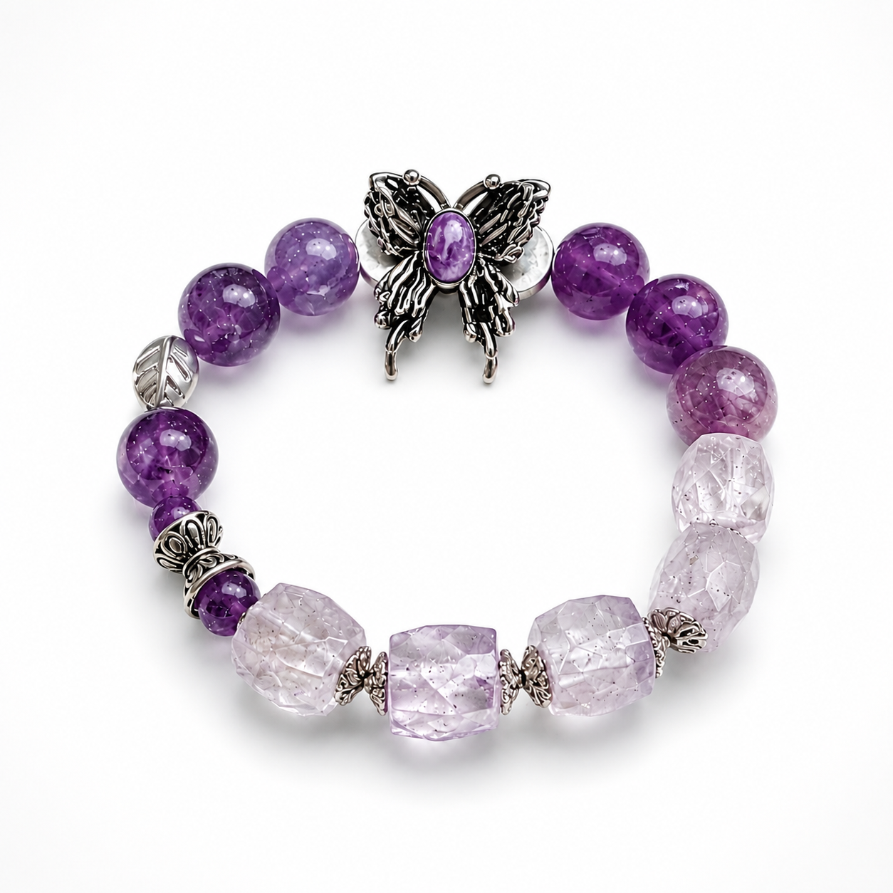 Genuine Amethyst Purple Butterfly Beaded Stretch Bracelet, Hand‑Crafted Clear Quartz Mixed Gemstone | Made To Order