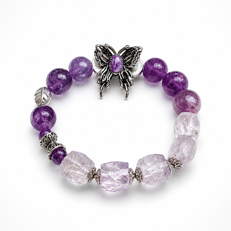 Genuine Amethyst Purple Butterfly Beaded Stretch Bracelet, Hand‑Crafted Clear Quartz Mixed Gemstone | Made To Order