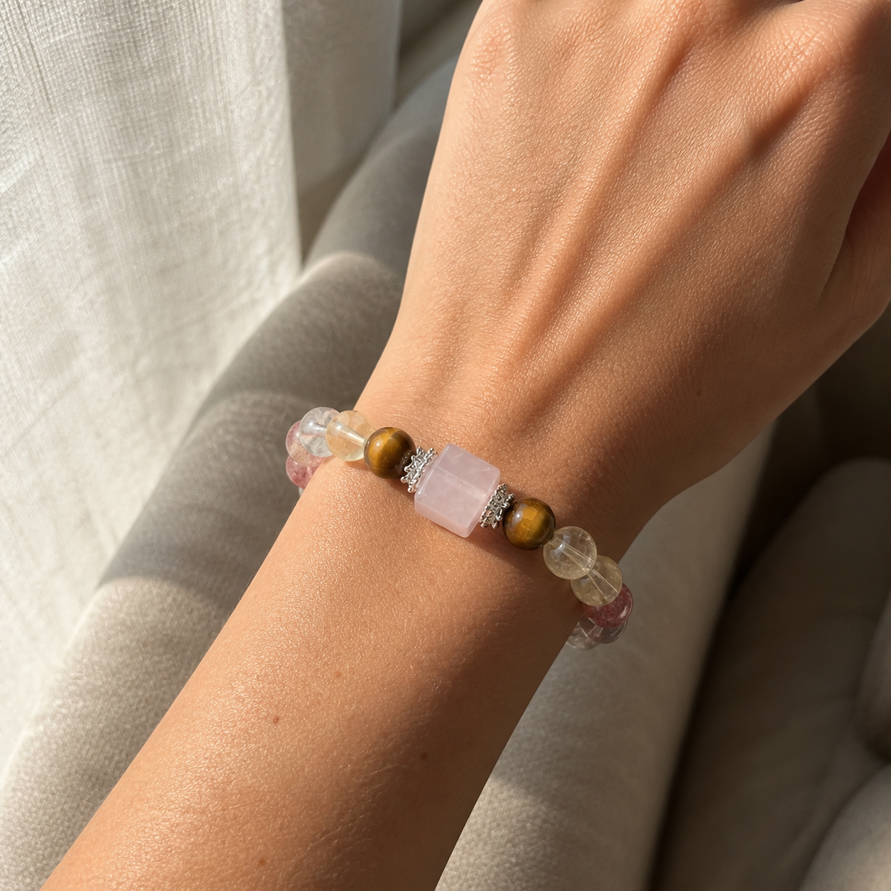 Natural Rose Quartz Cube Sugar Beaded Stretch Bracelet, Mixed Natural Gemstone | Made‑To‑Order Unisex Designer Bracelet