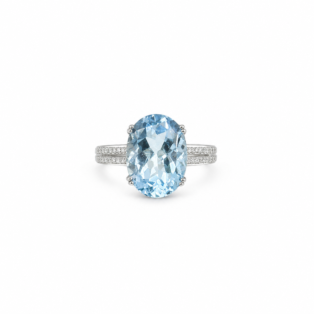 Natural Blue Topaz Large Oval Pavé-Band Adjustable Ring – 925 Sterling Silver