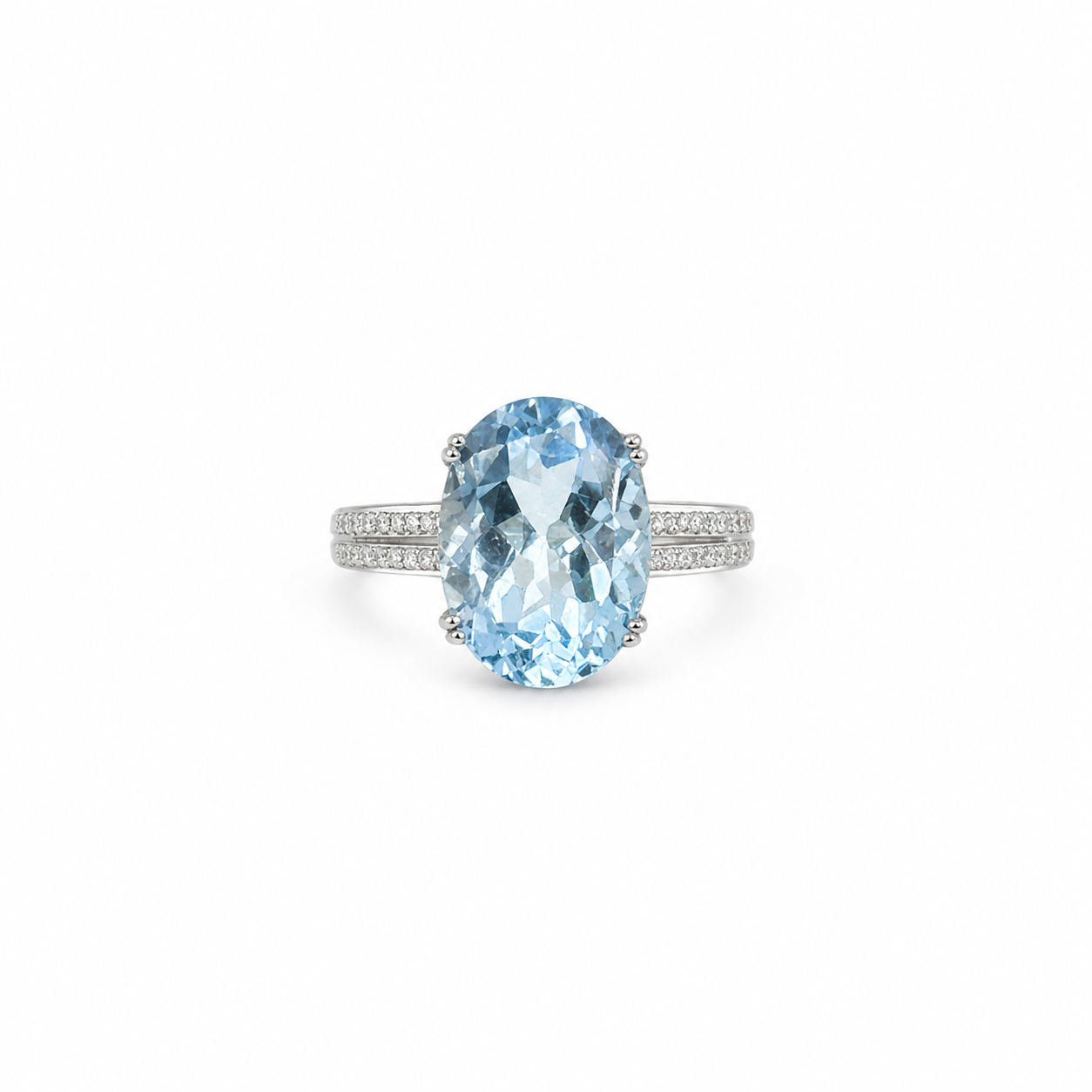 Natural Blue Topaz Large Oval Pavé-Band Adjustable Ring – 925 Sterling Silver