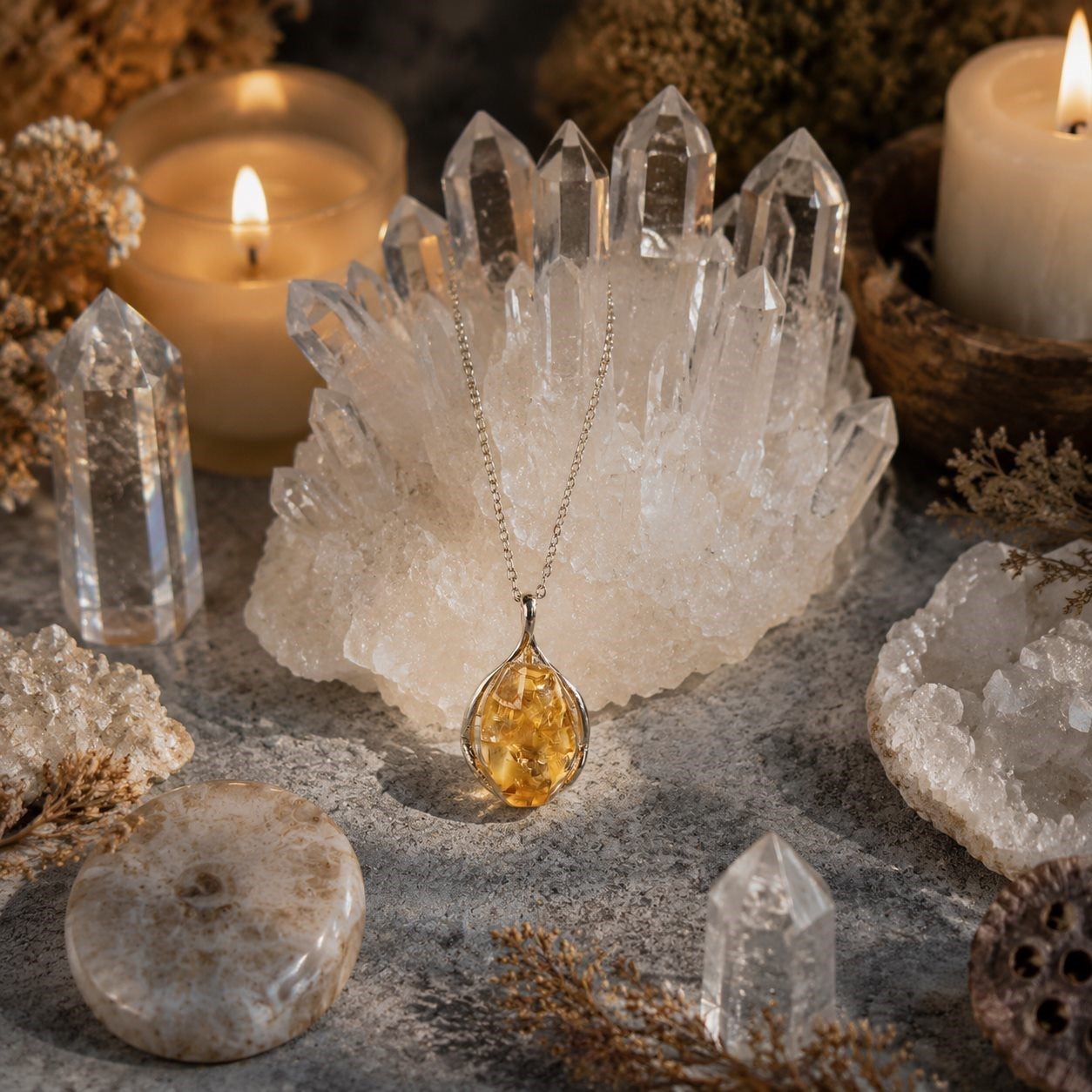 Citrine pendant necklace styled with clear crystal clusters