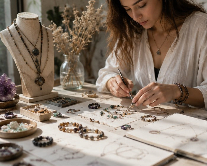 Jewelry designer sketching natural gemstone pieces at her workbench
