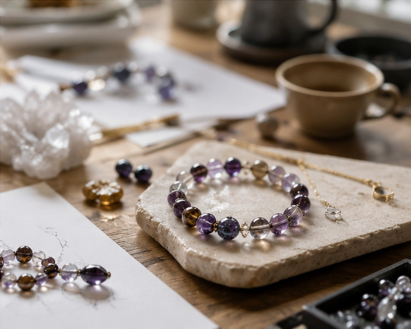 Amethyst bracelet and gemstone jewelry arranged on a studio worktable