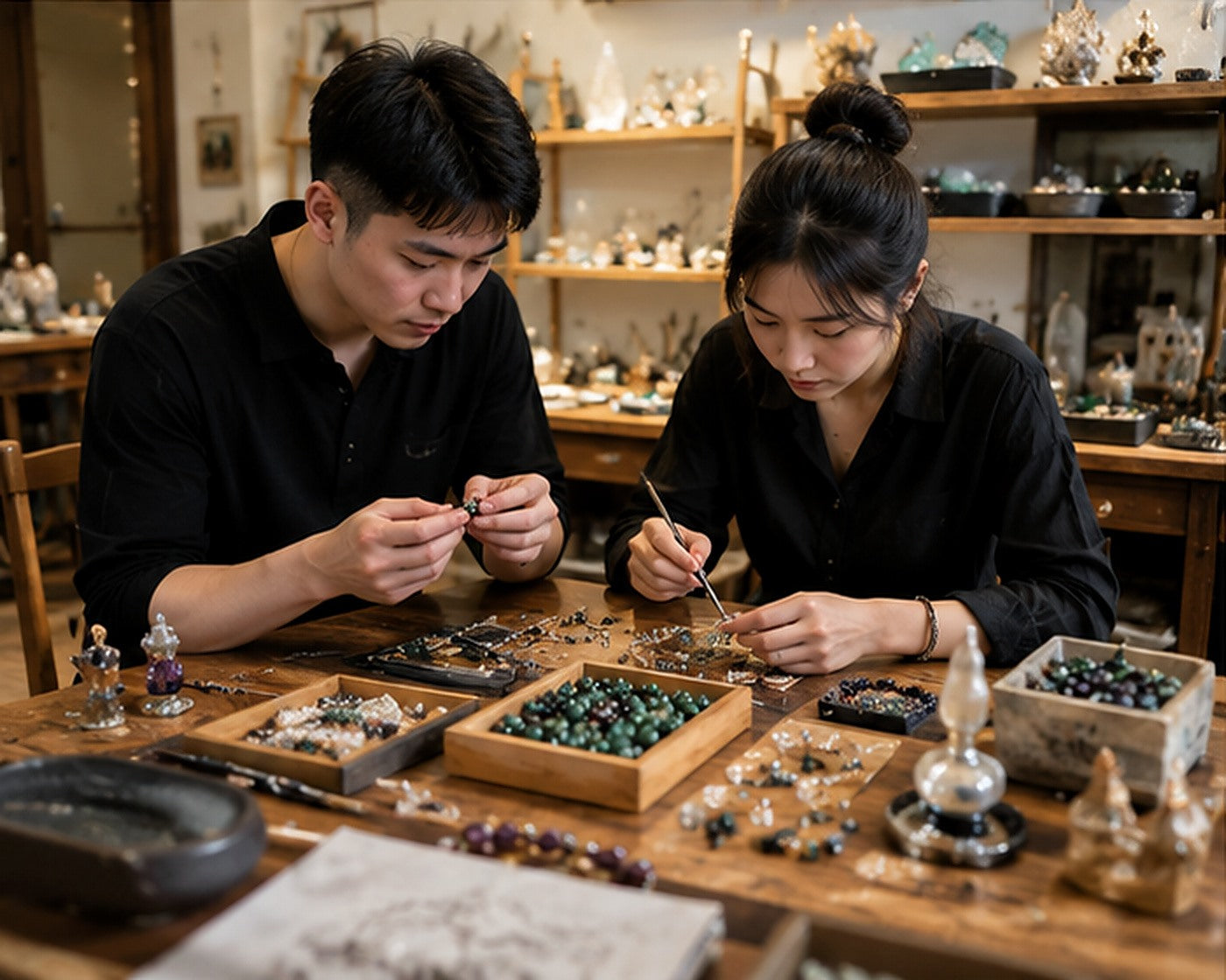 Two gemstone jewelry artisans collaborating at a studio workbench
