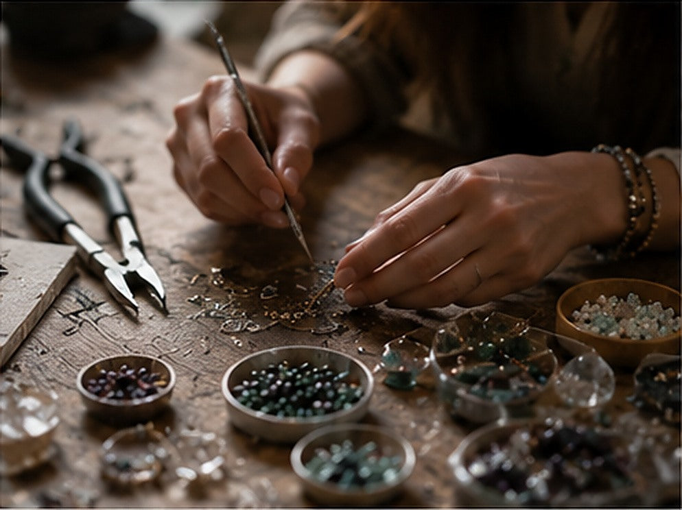 Jewelry artisan setting natural gemstones by hand