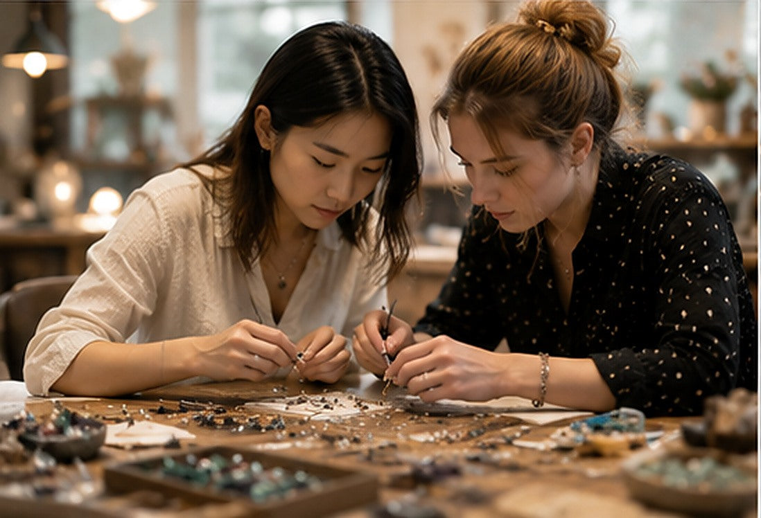Two jewelry designers refining natural gemstone pieces at their workbench