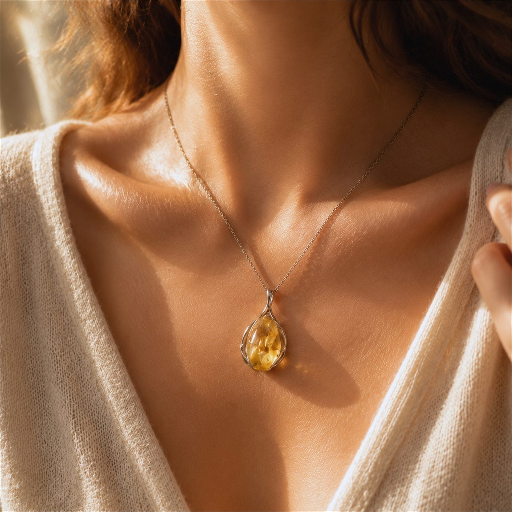 Citrine necklace worn close up