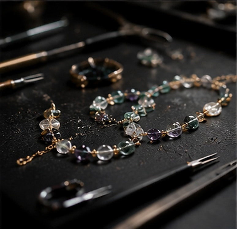 Natural gemstone jewelry arranged on a black presentation tray