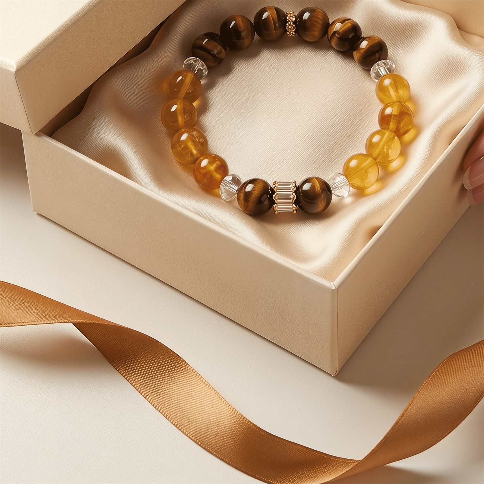 Natural citrine and tiger eye bracelet presented in a satin gift box