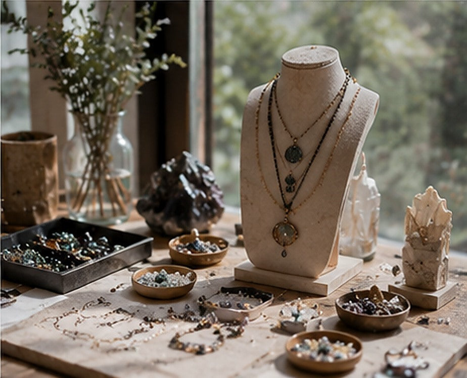 Natural gemstone necklaces displayed in an independent jewelry studio