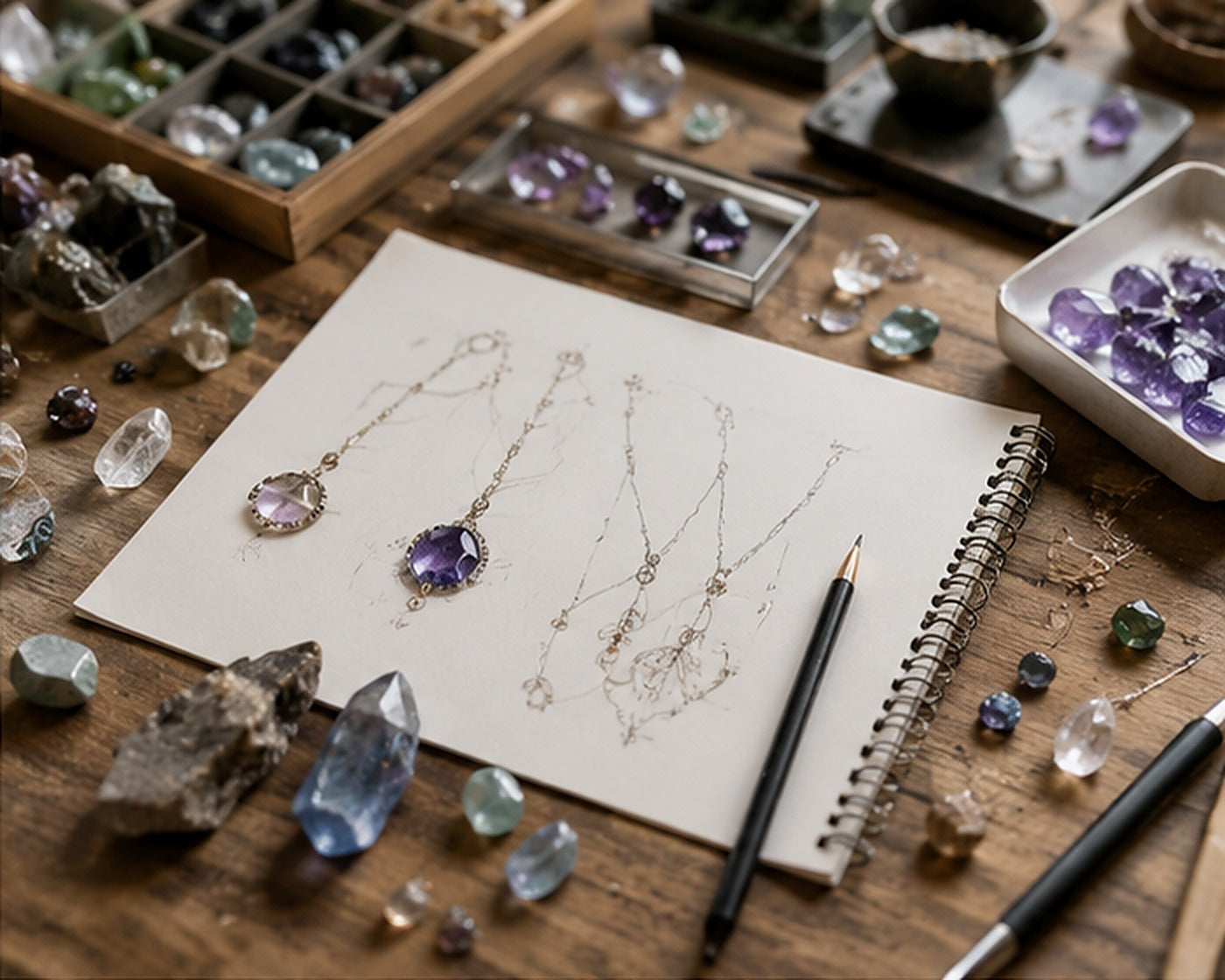 Jewelry sketches surrounded by selected natural gemstones and tools
