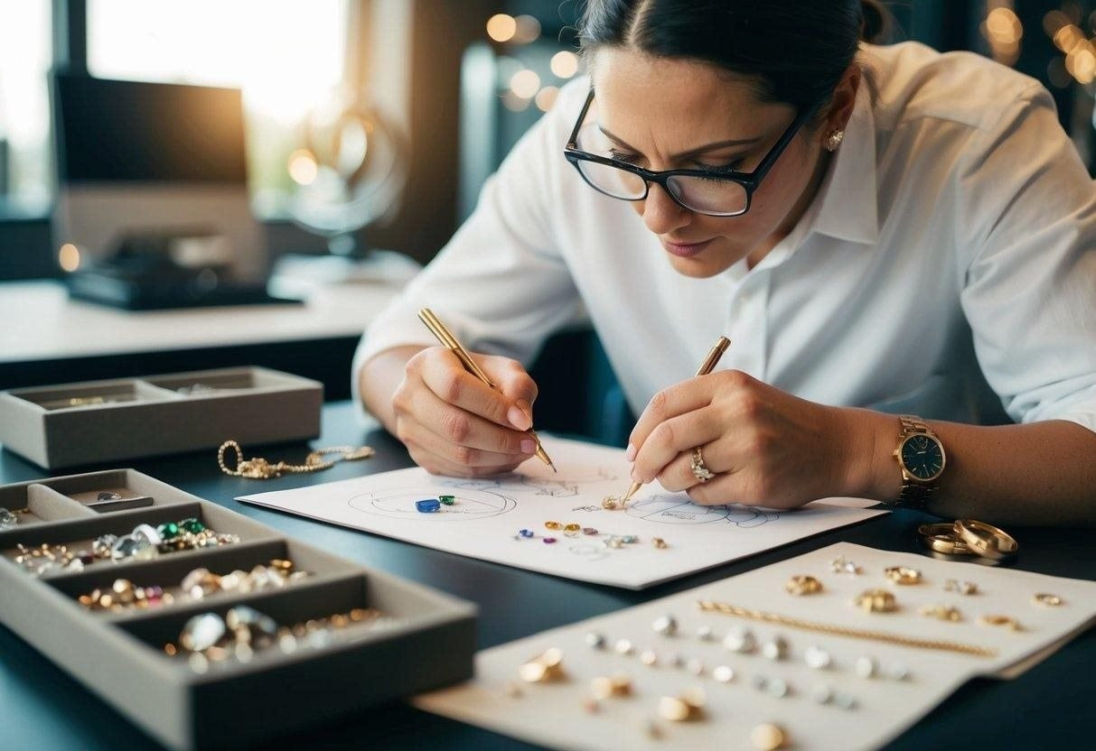 Jewelry stylist sketching a gemstone composition at her workbench