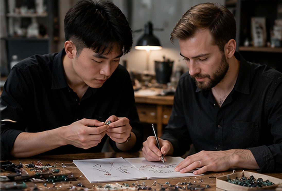 Two jewelry artisans refining a natural gemstone design at the workbench